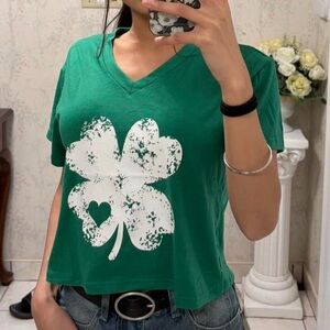 Green Clover Shamrock Graphic Women's V-Neck St. Patrick’s Day Basic Crop Top